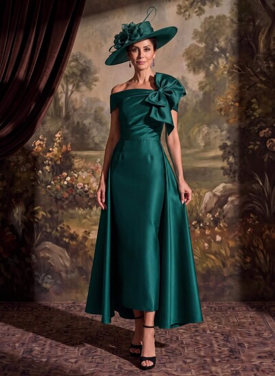 Sheath/Column Off-The-Shoulder Sleeveless Ankle-Length Satin Mother Of The Bride Dresses With Bow/Overskirt Dress