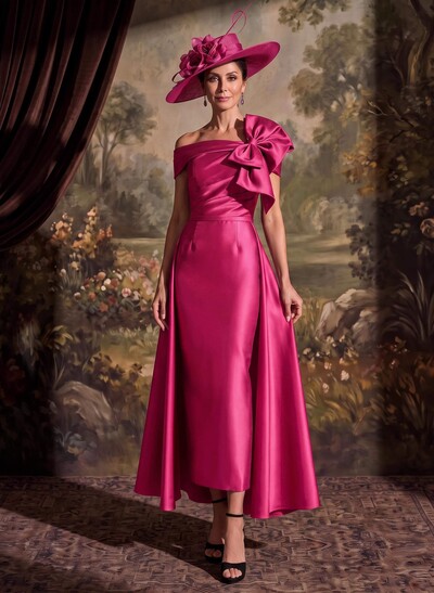 Sheath/Column Off-The-Shoulder Sleeveless Ankle-Length Satin Mother Of The Bride Dresses With Bow/Overskirt Dress