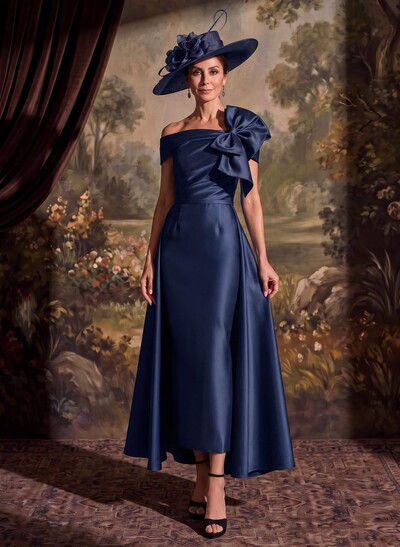Sheath/Column Off-The-Shoulder Sleeveless Ankle-Length Satin Mother Of The Bride Dresses With Bow/Overskirt Dress