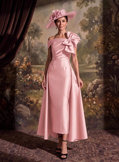 Sheath/Column Off-The-Shoulder Sleeveless Ankle-Length Satin Mother Of The Bride Dresses With Bow/Overskirt Dress