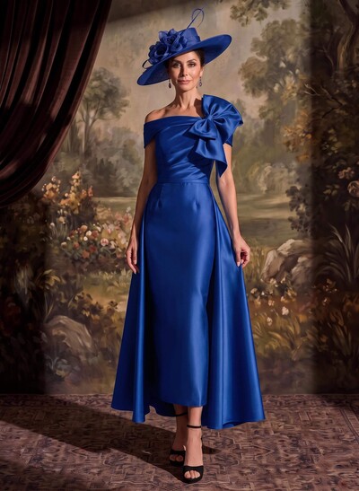 Satin Sheath/Column Off-The-Shoulder Sleeveless Ankle-Length Mother Of The Bride Dress With Bow And Overskirt