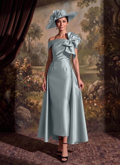 Sheath/Column Off-The-Shoulder Sleeveless Ankle-Length Satin Mother Of The Bride Dresses With Bow/Overskirt Dress