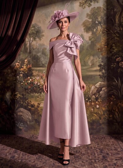 Sheath/Column Off-The-Shoulder Sleeveless Ankle-Length Satin Mother Of The Bride Dress With Bow/Overskirt