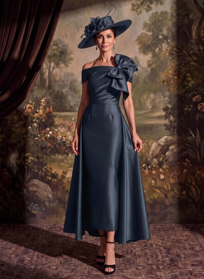 Sheath/Column Off-The-Shoulder Sleeveless Ankle-Length Satin Mother Of The Bride Dresses With Bow/Overskirt Dress