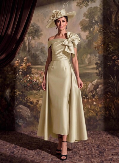 Sheath/Column Off-The-Shoulder Sleeveless Ankle-Length Satin Mother Of The Bride Dress With Bow/Overskirt