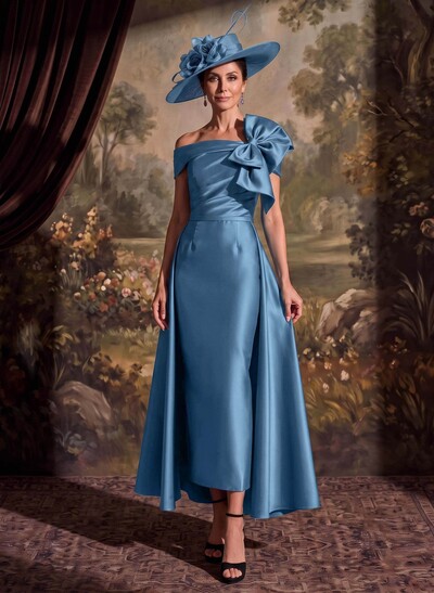 Satin Sheath Off-The-Shoulder Sleeveless Ankle-Length Mother Of The Bride Dress With Bow/Overskirt