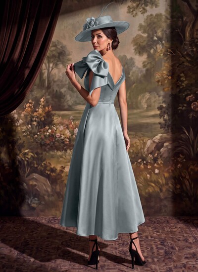 Sheath/Column Off-The-Shoulder Sleeveless Ankle-Length Satin Mother Of The Bride Dresses With Bow/Overskirt Dress