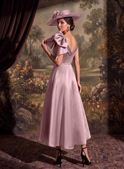 Satin Sheath/Column Off-The-Shoulder Sleeveless Ankle-Length Mother Of The Bride Dress With Bow And Overskirt