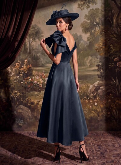 Satin Sheath/Column Off-The-Shoulder Sleeveless Ankle-Length Mother Of The Bride Dress With Bow And Overskirt
