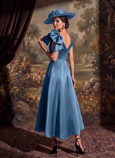 Satin Sheath/Column Off-The-Shoulder Sleeveless Ankle-Length Mother Of The Bride Dress With Bow And Overskirt