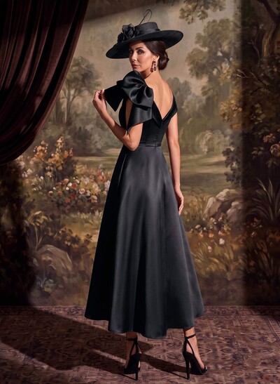 Satin Sheath/Column Off-The-Shoulder Sleeveless Ankle-Length Mother Of The Bride Dress With Bow And Overskirt
