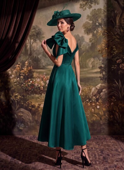 Sheath/Column Off-The-Shoulder Sleeveless Ankle-Length Satin Mother Of The Bride Dresses With Bow/Overskirt Dress