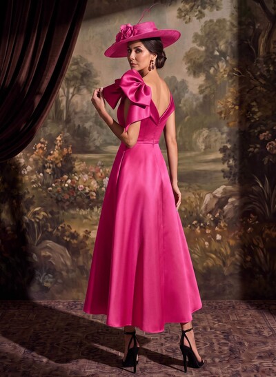 Sheath/Column Off-The-Shoulder Sleeveless Ankle-Length Satin Mother Of The Bride Dresses With Bow/Overskirt Dress