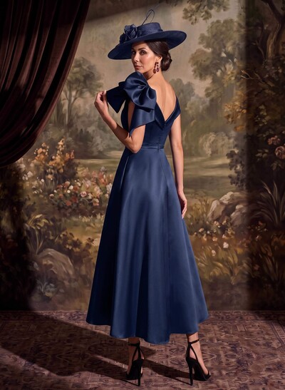Sheath/Column Off-The-Shoulder Sleeveless Ankle-Length Satin Mother Of The Bride Dresses With Bow/Overskirt Dress