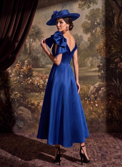Sheath/Column Off-The-Shoulder Sleeveless Ankle-Length Satin Mother Of The Bride Dresses With Bow/Overskirt Dress