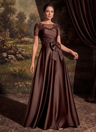 A-Line Scoop Neck Short Sleeves Floor-Length Satin Mother Of The Bride Dresses With Bow/Appliques Lace