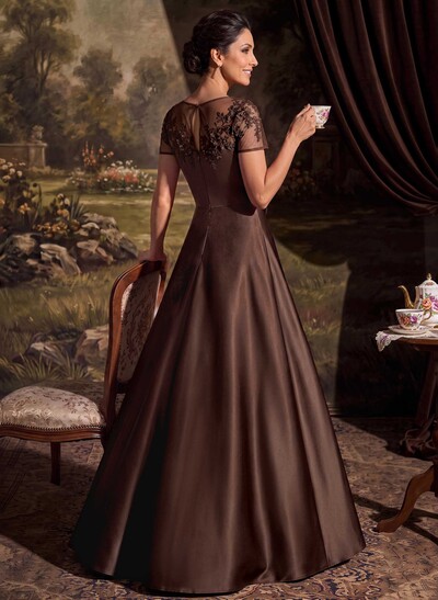 A-Line Scoop Neck Short Sleeves Floor-Length Satin Mother Of The Bride Dresses With Bow/Appliques Lace