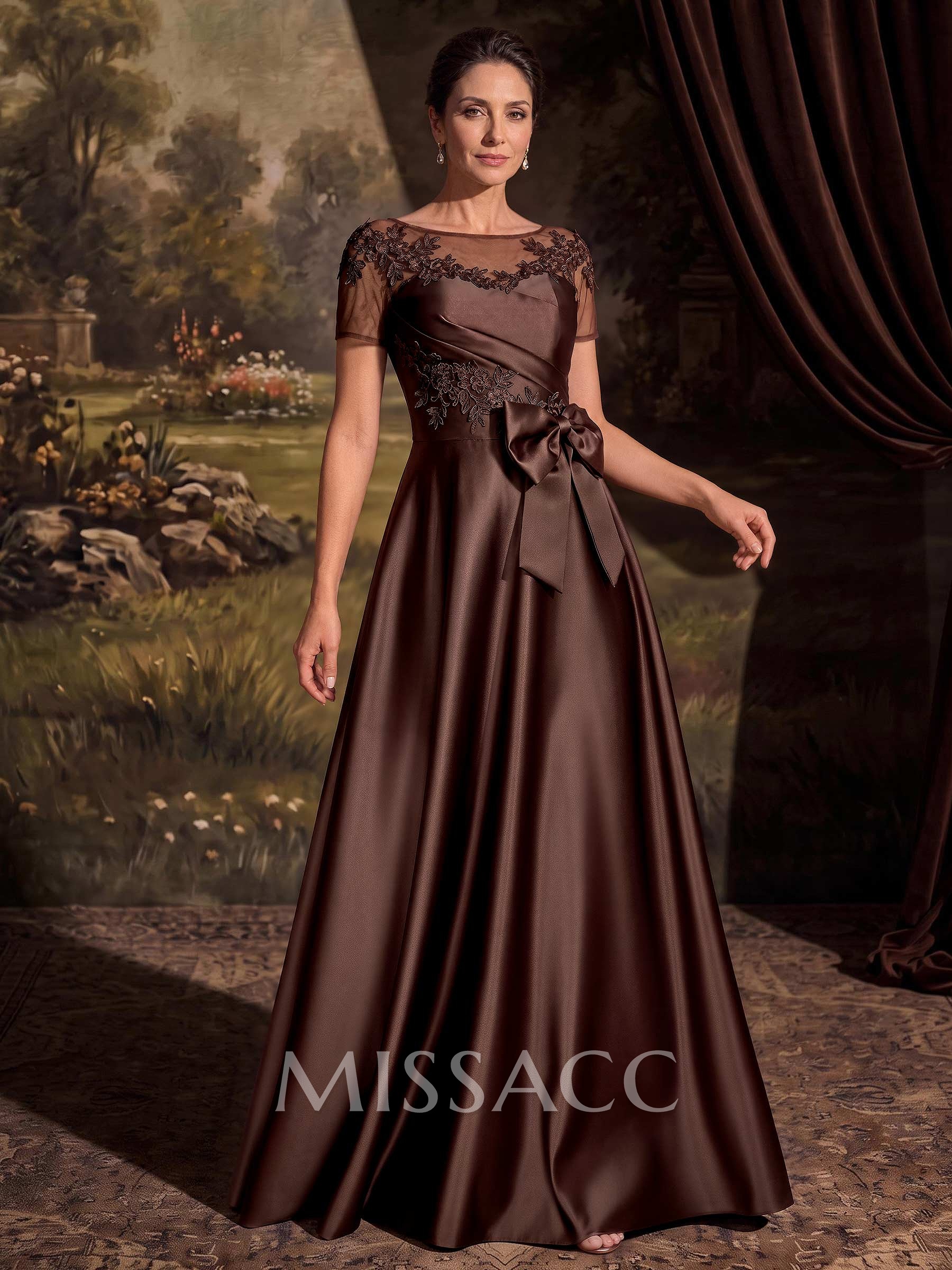 A-Line Scoop Neck Short Sleeves Floor-Length Satin Mother Of The Bride Dresses With Bow/Appliques Lace