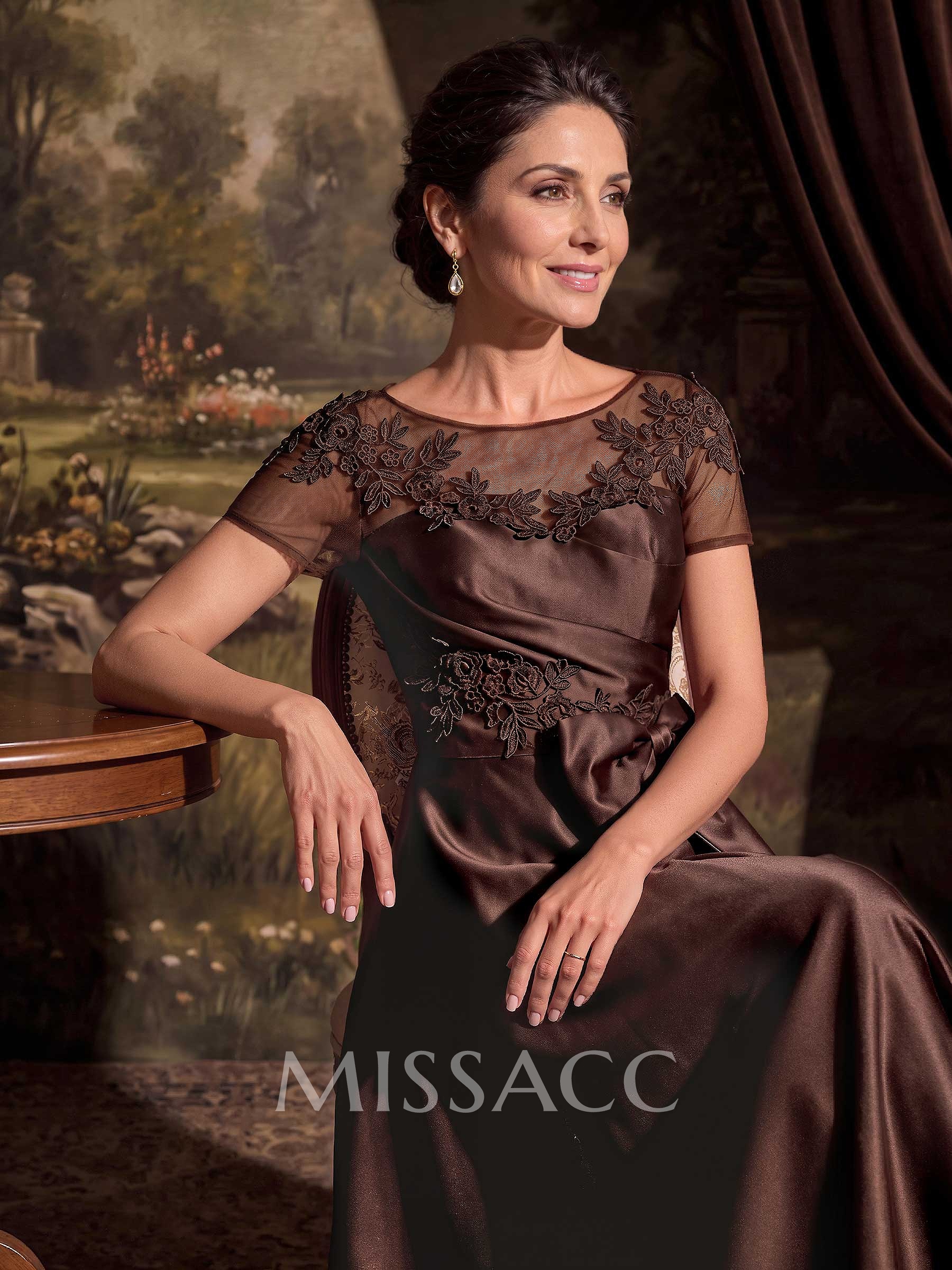 A-Line Scoop Neck Short Sleeves Floor-Length Satin Mother Of The Bride Dresses With Bow/Appliques Lace