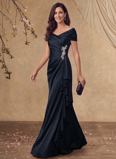 A-Line Off-The-Shoulder Sleeveless Floor-Length Crepe Satin Mother Of The Bride Dresses With Ruffle