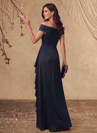 A-Line Off-The-Shoulder Sleeveless Floor-Length Crepe Satin Mother Of The Bride Dresses With Ruffle