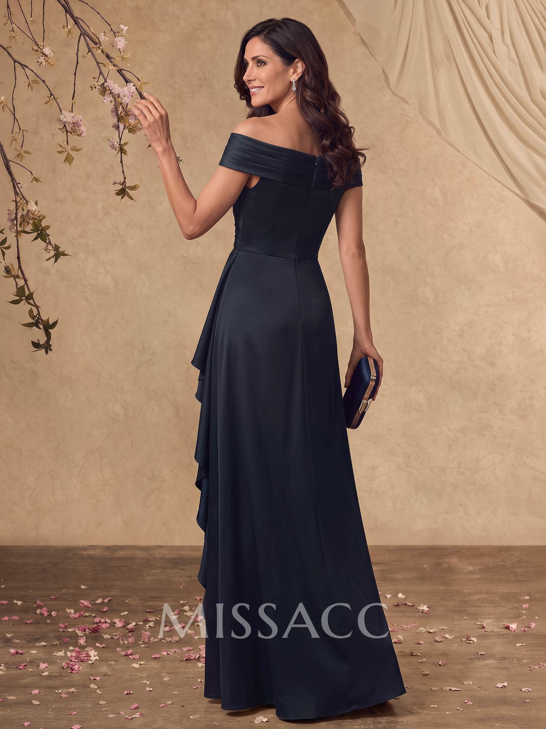 A-Line Off-The-Shoulder Sleeveless Floor-Length Crepe Satin Mother Of The Bride Dresses With Ruffle