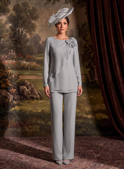 Two Piece Scoop Neck Long Sleeves Floor-Length Chiffon Mother Of The Bride Dresses With Bow