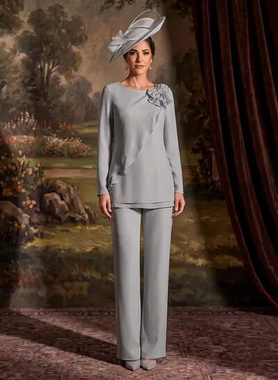 Two-Piece Scoop Neck Long Sleeve Floor-Length Chiffon Mother Of The Bride Dress With Bow