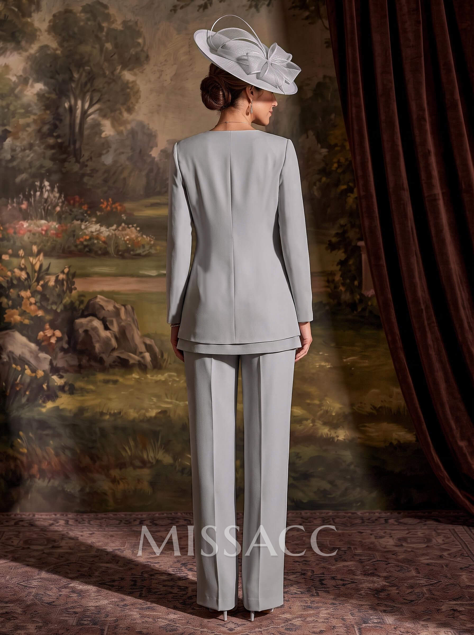 Two Piece Scoop Neck Long Sleeves Floor-Length Chiffon Mother Of The Bride Dresses With Bow