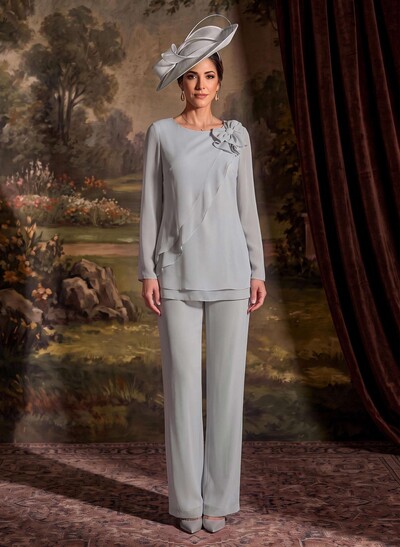 Two Piece Scoop Neck Long Sleeves Floor-Length Chiffon Mother Of The Bride Dresses With Bow