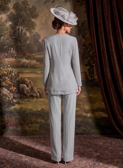 Two Piece Scoop Neck Long Sleeves Floor-Length Chiffon Mother Of The Bride Dresses With Bow