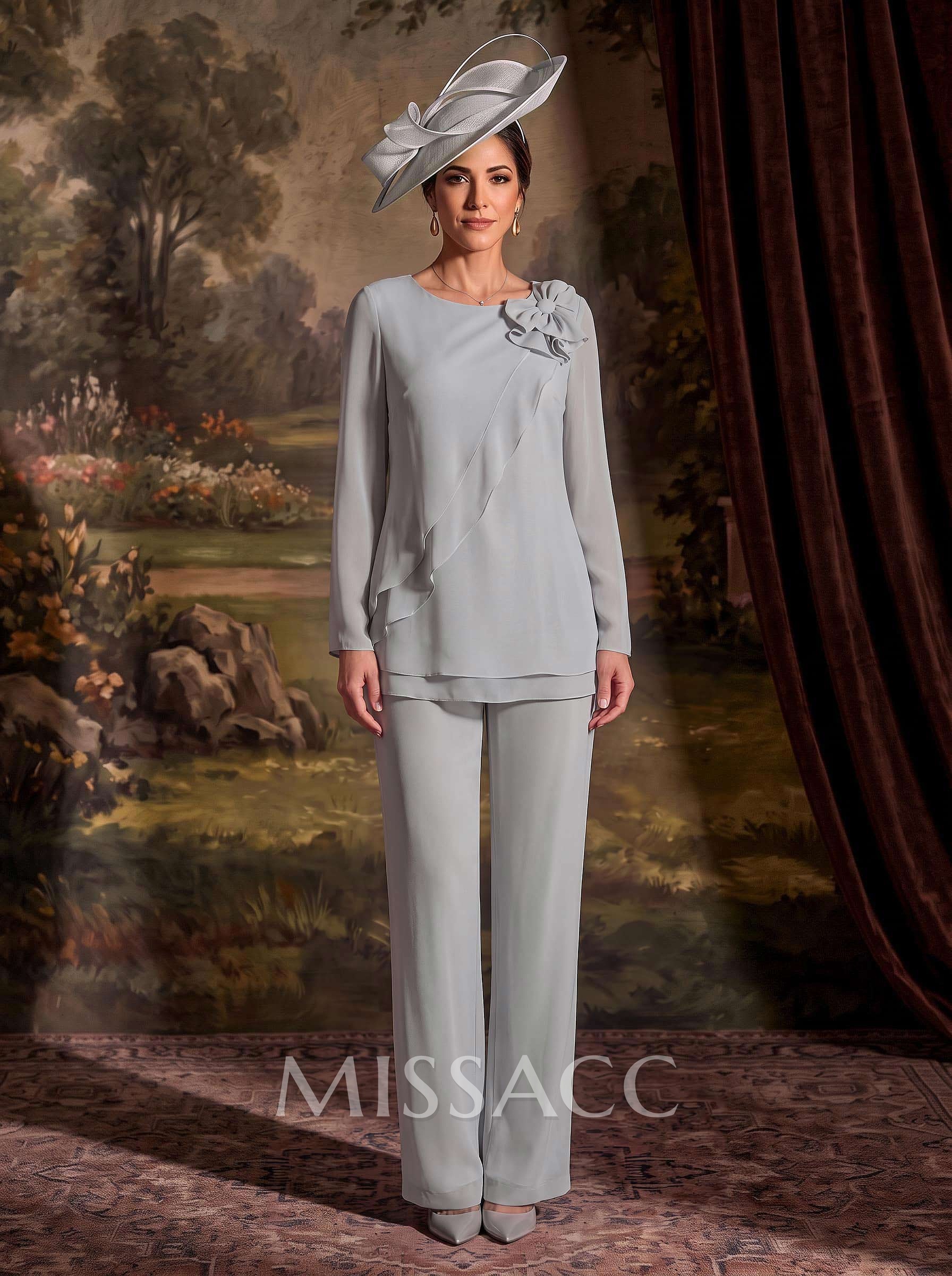 Two Piece Scoop Neck Long Sleeves Floor-Length Chiffon Mother Of The Bride Dresses With Bow