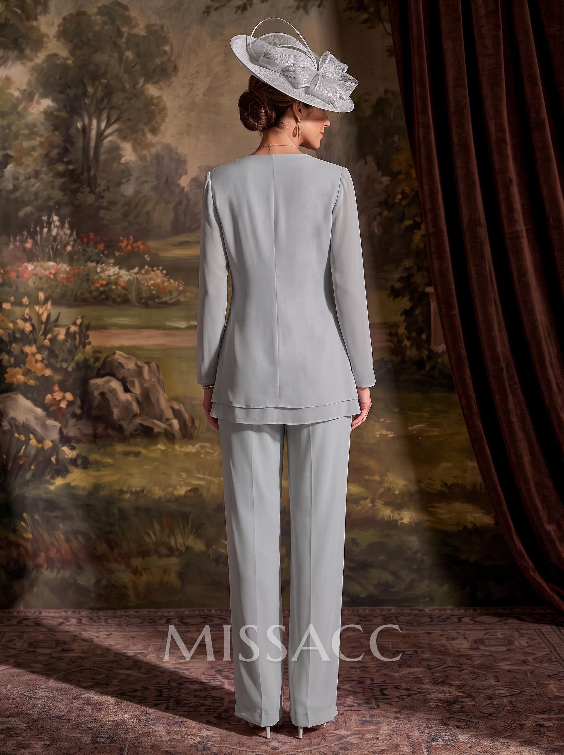 Two Piece Scoop Neck Long Sleeves Floor-Length Chiffon Mother Of The Bride Dresses With Bow