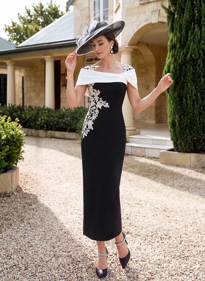 Sheath/Column Square Neckline Cape Sleeves Ankle-Length Elastic Satin Mother Of The Bride Dresses With Bow/Appliques Lace