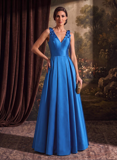 A-Line V-Neck Sleeveless Floor-Length Satin Mother Of The Bride Dresses With Flower
