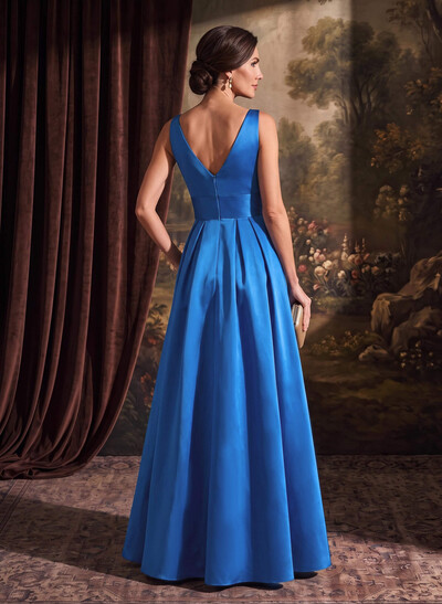 A-Line V-Neck Sleeveless Floor-Length Satin Mother Of The Bride Dresses With Flower