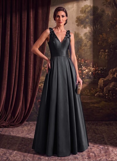 A-Line V-Neck Sleeveless Floor-Length Satin Mother of the Bride Dress with Floral Detail
