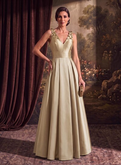 A-Line V-Neck Sleeveless Floor-Length Satin Mother Of The Bride Dresses With Flower