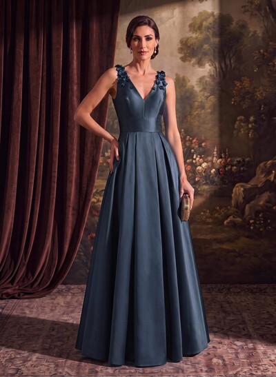 A-Line V-Neck Sleeveless Floor-Length Satin Mother of the Bride Dress with Flower Accent