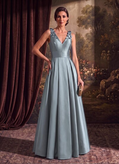 A-Line V-Neck Sleeveless Floor-Length Satin Mother Of The Bride Dresses With Flower