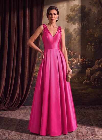 A-Line V-Neck Sleeveless Floor-Length Satin Mother Of The Bride Dresses With Flower