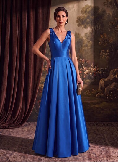 A-Line V-Neck Sleeveless Maxi Satin Mother of the Bride Dress with Flower Detail