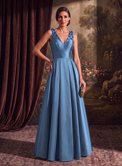 A-Line V-Neck Sleeveless Floor-Length Satin Mother of the Bride Dress with Floral Detail