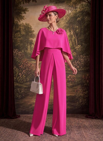 Jumpsuit/Pantsuit Scoop Neck Cape Sleeves Floor-Length Elastic Satin Mother Of The Bride Dresses With Flower