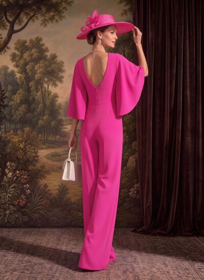 Jumpsuit/Pantsuit Scoop Neck Cape Sleeves Floor-Length Elastic Satin Mother Of The Bride Dresses With Flower