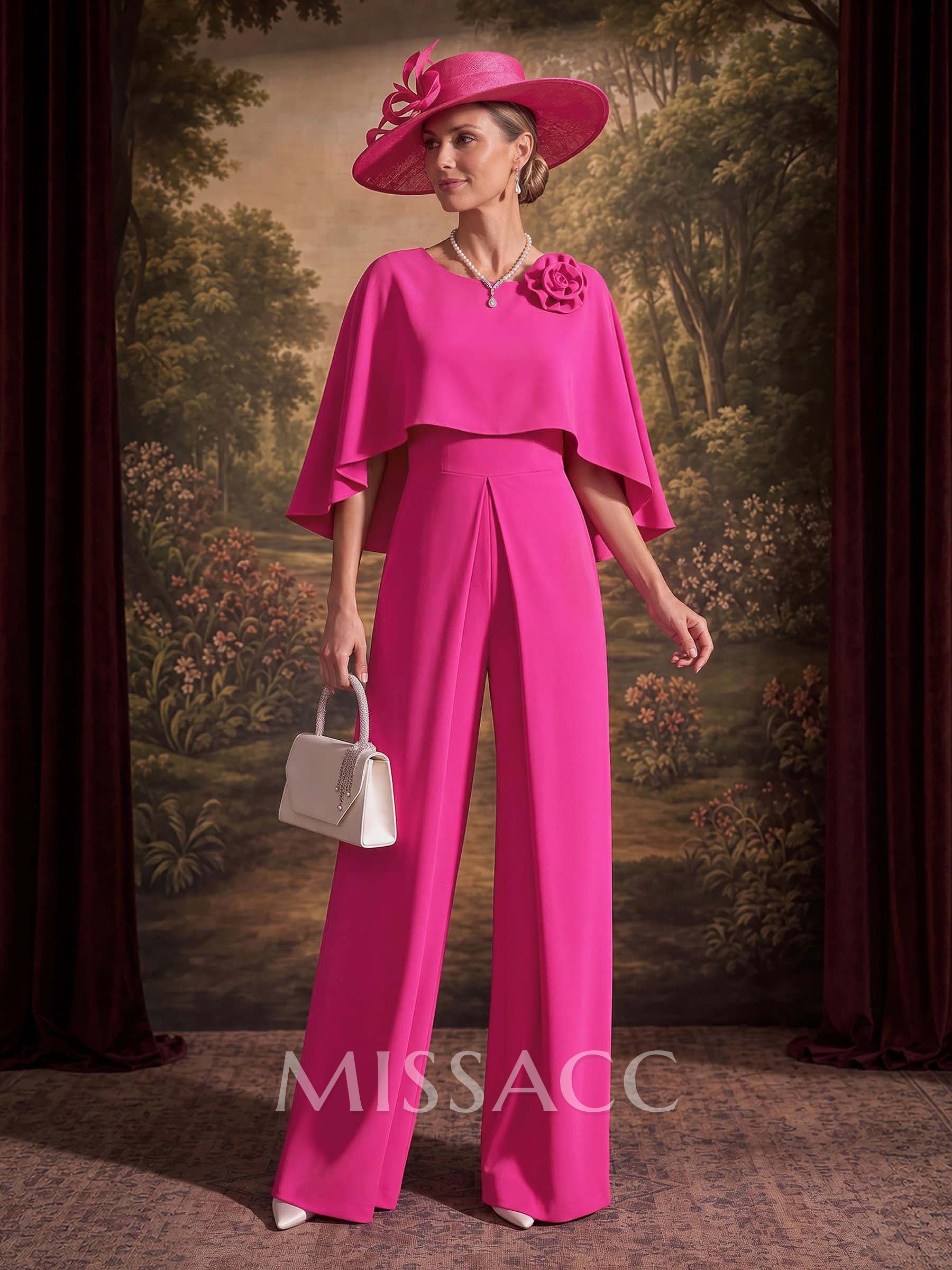 Jumpsuit/Pantsuit Scoop Neck Cape Sleeves Floor-Length Elastic Satin Mother Of The Bride Dresses With Flower