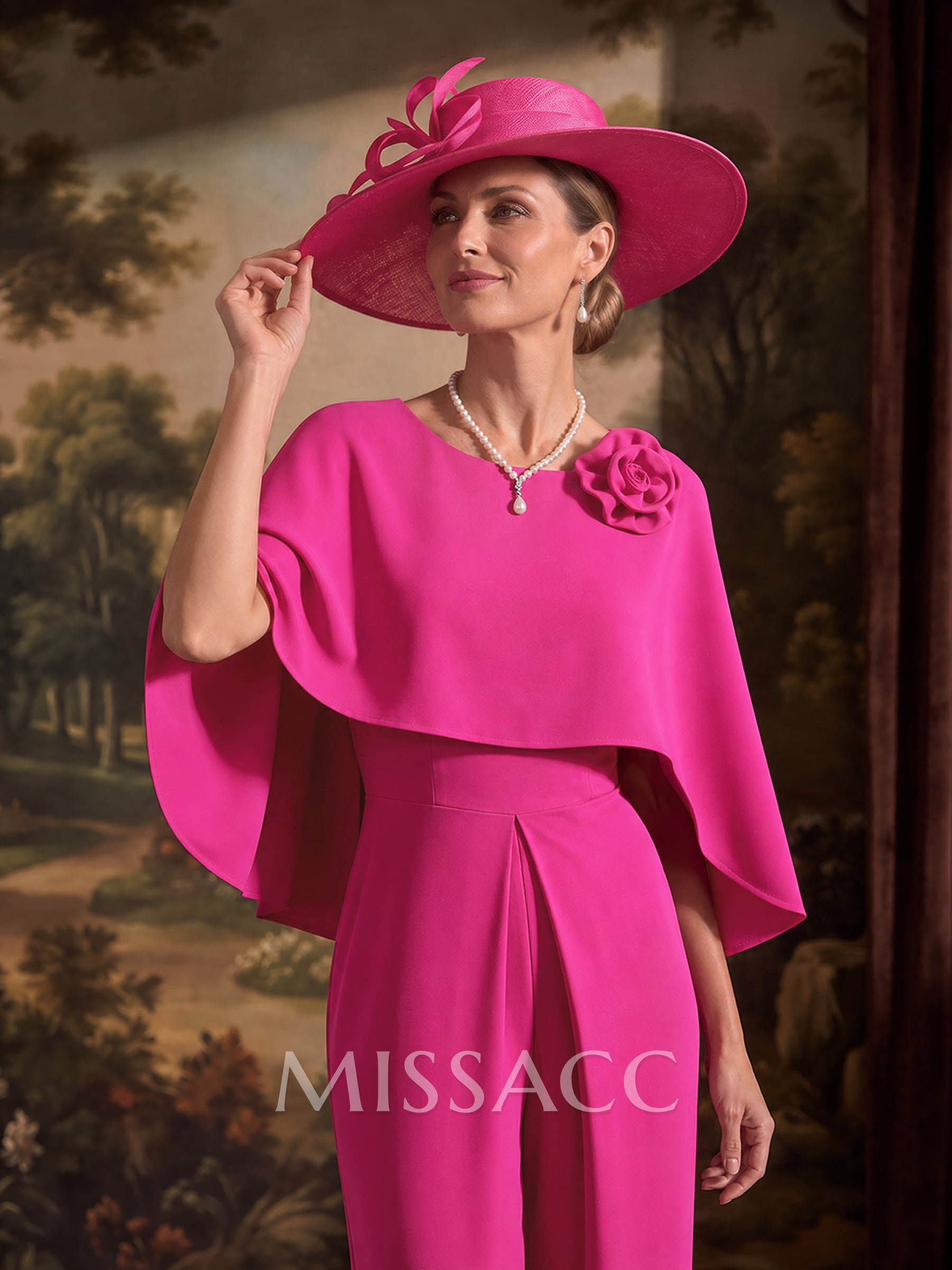Jumpsuit/Pantsuit Scoop Neck Cape Sleeves Floor-Length Elastic Satin Mother Of The Bride Dresses With Flower