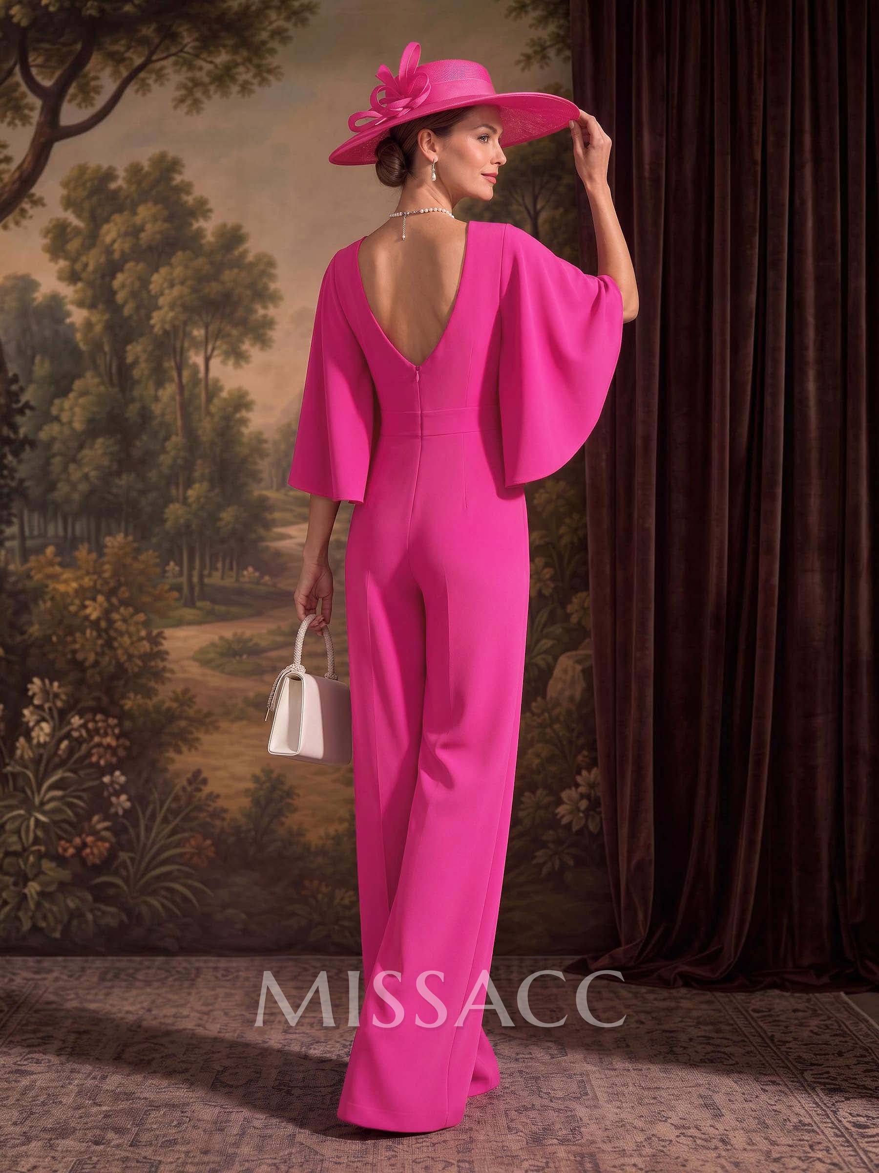 Jumpsuit/Pantsuit Scoop Neck Cape Sleeves Floor-Length Elastic Satin Mother Of The Bride Dresses With Flower