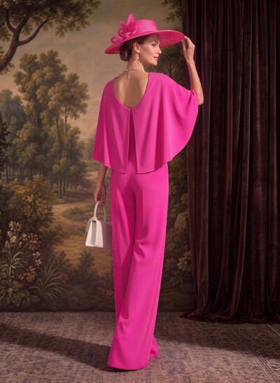 Jumpsuit/Trouser Suit Scoop Neck Cape Sleeves Floor-Length Stretch Satin Mother Of The Bride Outfit With Flower Detail