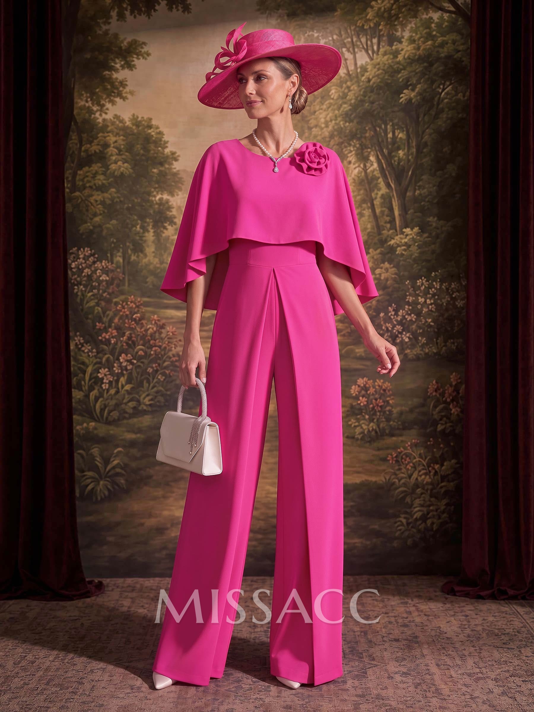 Jumpsuit/Pantsuit Scoop Neck Cape Sleeves Floor-Length Elastic Satin Mother Of The Bride Dresses With Flower